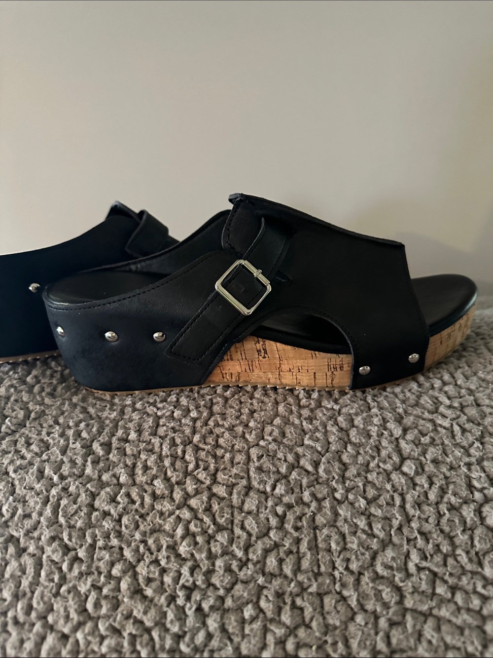 Black Cork Wedge Slide Sandals with Stud Details - Picture 2 of 3